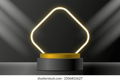 Podio de escenario decorado con iluminación de neón amarillo y Spotlight. Escena del pedestal con para la venta del Producto, publicidad, espectáculo, ceremonia de premiación, en fondo negro. Descargar el fondo de pantalla Black Friday Sale