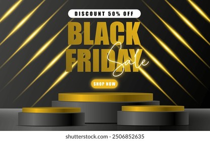 Podio de escenario decorado con iluminación de neón amarillo y Spotlight. Escena del pedestal con para la venta del Producto, publicidad, espectáculo, ceremonia de premiación, en fondo negro. Descargar el fondo de pantalla Black Friday Sale