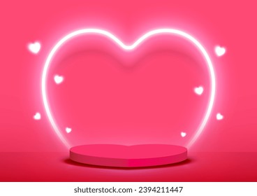 Stage podium decoration with heart neon light on pink background. Empty platform for product Valentine day. Vector illustration.