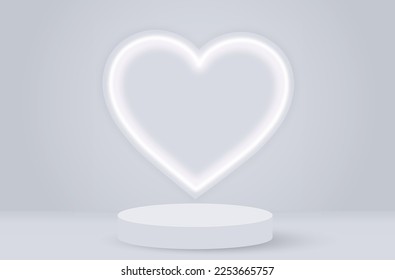 stage podium decoration with heart shape neon lighting. Pedestal scene with for product display on white background. Valentine's day background. Minimal style. Vector illustration.