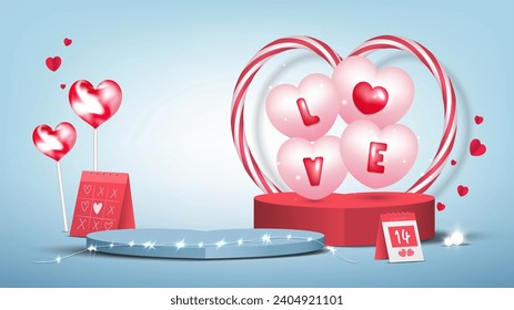 Stage podium decoration with heart shaped candy, love balloons, calendar. Pedestal scene with for product platform, advertising on soft blue background. Valentine's day background. Vector illustration