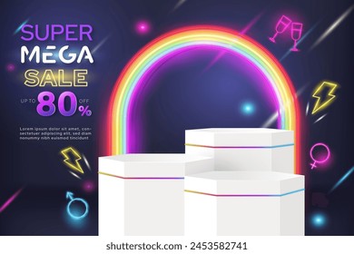 Stage podium design for product display with glowing neon lgbt rainbow color light in dark background, pride month sale concept, vector design