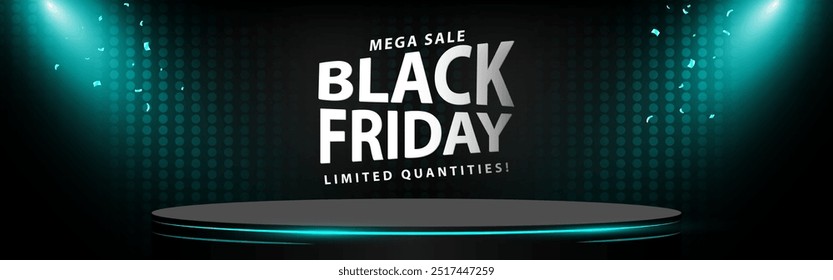 Stage podium design for product display with green neon  spotlight on black horizontal background. Black Friday Sale. Vector illustration.