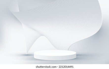 Stage podium display white and grey background. Empty room studio texture. Blank light effect vector design.