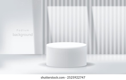 Stage podium display white and grey background with window lighting. Empty room studio texture. Blank light effect vector design.