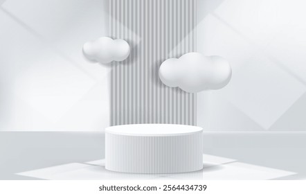 Stage podium display white and grey background with window shadow lighting. Empty room studio texture with white wood wall and clouds. Mock up light vector design.
