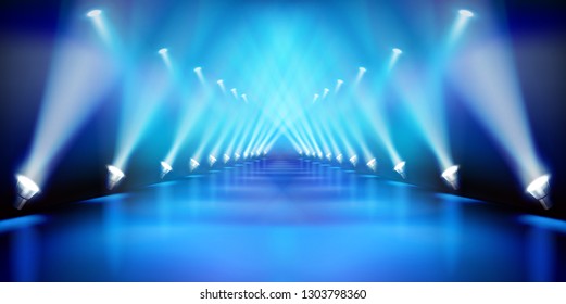 Stage podium during the show. Blue background. Fashion runway. Vector illustration.