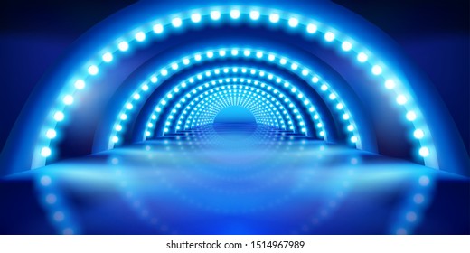 Stage podium during the show. Blue background. Fashion runway. Vector illustration.