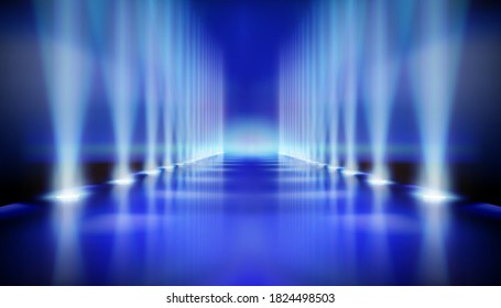 Stage podium during the show. Blue carpet. Fashion catwalk, runway. Vector illustration.