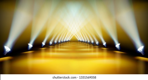 Stage podium during the show. Golden carpet. Fashion runway. Vector illustration.