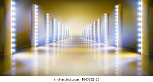 Stage podium during the show. Light effects. Fashion runway. Golden carpet. Vector illustration.