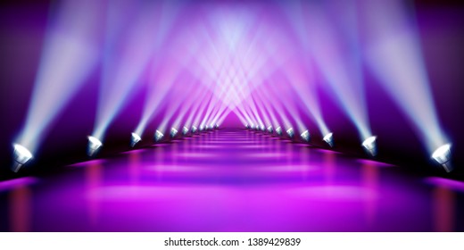 Stage podium during the show. Purple carpet. Fashion runway. Vector illustration.