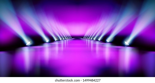 Stage podium during the show. Purple background. Fashion runway. Vector illustration.