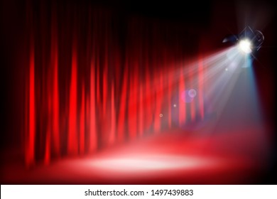 Stage podium during the show. Red curtain. Theater auditorium. Vector illustration.