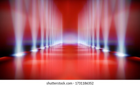 Stage podium during the show. Red carpet. Fashion catwalk, runway. Vector illustration.