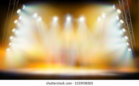 Stage podium during the show. Yellow background. Fashion runway. Vector illustration.