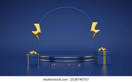 Podio de escenario con icono de relámpago dorado. Venta rápida. Mega oferta especial de venta. Cajas de regalo con lazo dorado. Compras con descuento. Promoción de venta. Producto azul podio, pedestal. Ilustración vectorial.