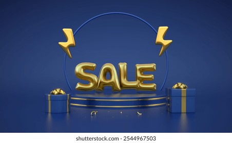 Palco pódio com raio de ouro. Venda de flash. Mega venda oferta especial. Caixas de presente. Balão de venda dourada. Compras com desconto. Promoção de vendas. Pódio azul do produto, pedestal. Ilustração vetorial.