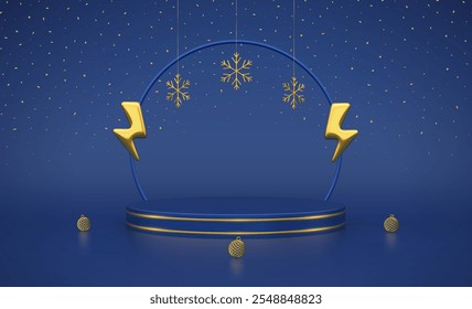 Stage podium with gold lightning bolt and snowflakes. Christmas sale special offer. Flash sale. New year Discount shopping. Winter Sale promotion. Blue product podium, pedestal. Vector illustration.