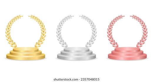 Stage Podium with Gold, Silver and Bronze Laurel Wreath. Winner Podium. Champion and Winning or Celebration Concept. Vector Illustration