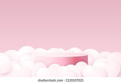 Stage Podium Herzwolken, Stage Podium Szene mit Award, Dekor Element Hintergrund. Vektorgrafik
