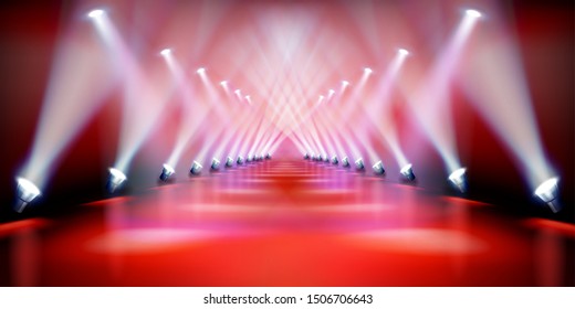 Stage Podium Illuminated By Spotlights During The Show. Red Carpet. Fashion Runway. Vector Illustration.