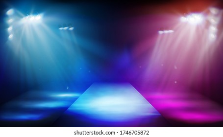 Stage podium illuminated by spotlights. Empty runway before fashion show. Colorful background. Vector illustration.