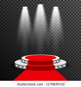 Stage podium illuminated scene spotlight party, award ceremony with red carpet. Vector transparent