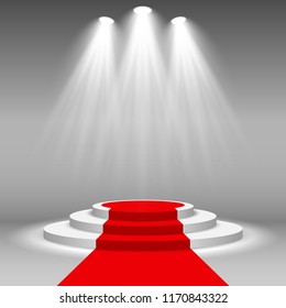 Stage podium illuminated scene spotlight party, award ceremony with red carpet. Vector Illustration