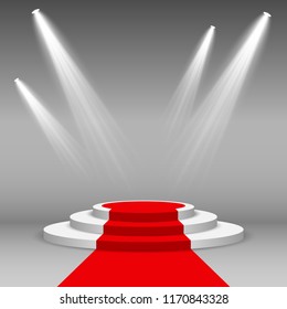 Stage podium illuminated scene spotlight party, award ceremony with red carpet. Vector Illustration