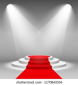 Stage podium illuminated scene spotlight party, award ceremony with red carpet. Vector Illustration