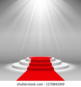 Stage podium illuminated scene spotlight party, award ceremony with red carpet. Vector Illustration