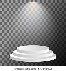 Stage podium illuminated spotlight. Scene illumination with cold light effect. Vector illustration.