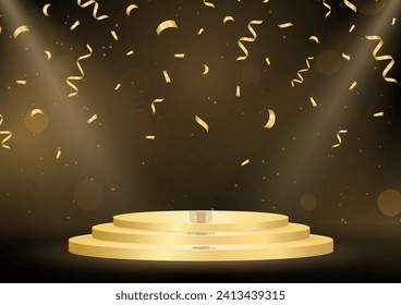 Stage Podium Illuminated with Spotlights with Confetti for Award Ceremony, Product or Cosmetic Presentation or Event Exhibition. Vector Illustration.