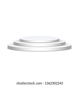 Stage podium isolated on white background. Festive event. Stage for winners and award ceremony. Round pedestal with stairs. Template design for product or person presentation. Vector illustration