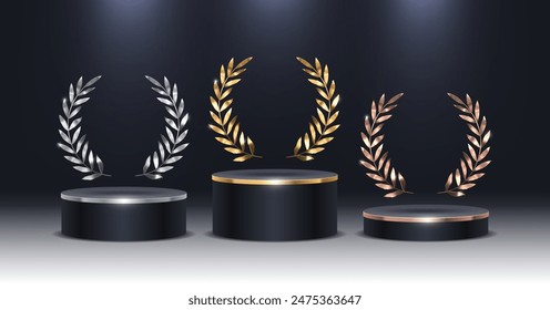 Stage podium with laurel wreath. Golden, silver and bronze stage podium in spot light. Stage podium for award ceremony. Vector illustration.