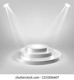 Stage podium with light or spotlight illumination. Vector white realistic 3D podium scene for award ceremony or presentation