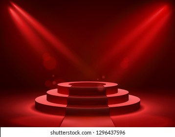 Stage podium lighting. Award ceremony victory pedestal champion, show victory, event celebration winner place, red vector background