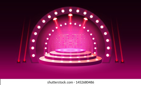 Stage podium with lighting, Stage Podium for Award Ceremony with purple Background, Vector illustration. Eps 10.