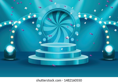 Stage podium with lighting, Stage Podium for Award Ceremony with red Background.  Vector illustration