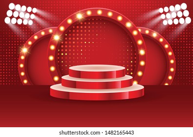 Stage podium with lighting, Stage Podium for Award Ceremony with red Background.  Vector illustration