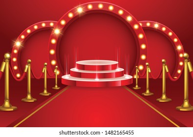 Stage podium with lighting, Stage Podium for Award Ceremony with red Background.  Vector illustration