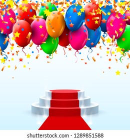 Stage podium with lighting and Balloons, Stage Podium Scene with for Award Ceremony on blue Background, Vector illustration