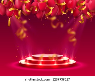 Stage podium with lighting and Balloons, Stage Podium Scene with for Award Ceremony on red Background, Vector illustration