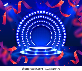 Stage podium with lighting confetti, Stage Podium Scene with for Award Ceremony on red Background, Vector illustration