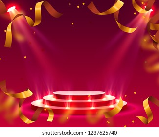 Stage podium with lighting confetti, Stage Podium Scene with for Award Ceremony on red Background. Vector illustration