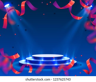 Stage podium with lighting confetti, Stage Podium Scene with for Award Ceremony on red Background. Vector illustration