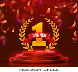 Stage podium with lighting and confetti, Stage Podium Scene with for Award Ceremony on red Background. Vector illustration