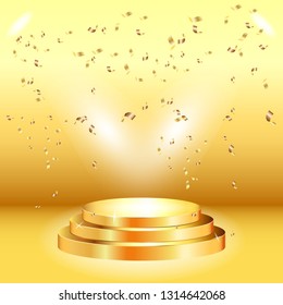 Stage podium with lighting and confetti, Stage Podium Scene with for Award Ceremony on orange Background, Vector illustration
