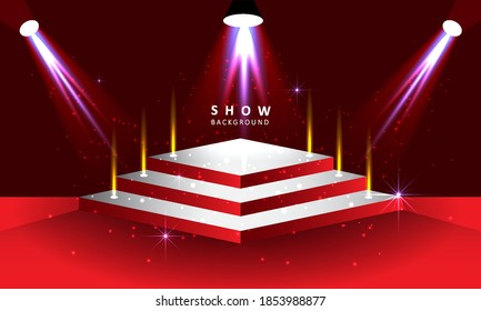 Estadio podio con efecto de iluminación. Resumen de fondo rojo. Velador vacío para la ceremonia de premiación. Ilustración del vector
